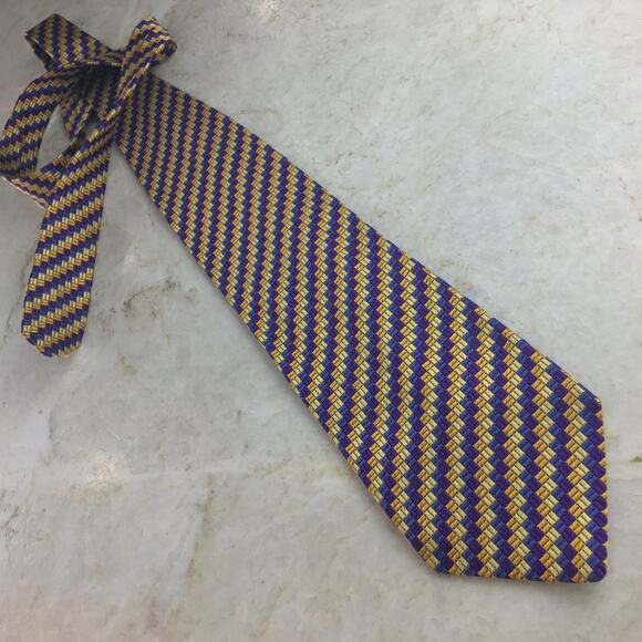 SAZZARA BLUE, PURPLE, GOLD, YELLOW WOVEN SILK NECKTIE - Picture 7 of 10